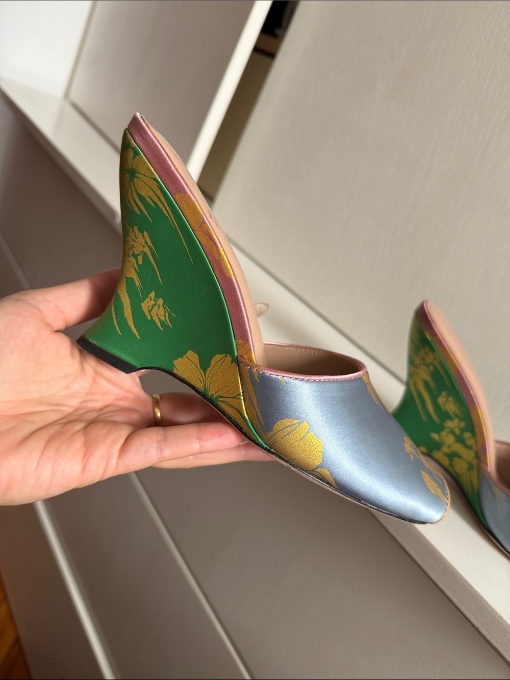 Cynthia Rowley Green and Silver Floral Satin Mules - Picture 8 of 8